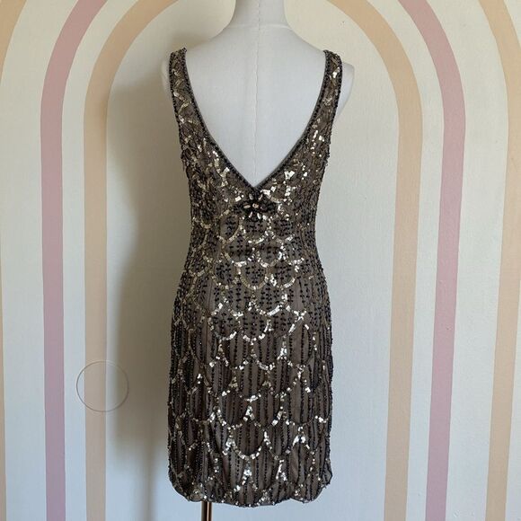 Sue Wong Nocturne Vintage Black ad Nude/ Cream Beaded Sequin Cocktail Dress Sz 8 - Picture 6 of 13